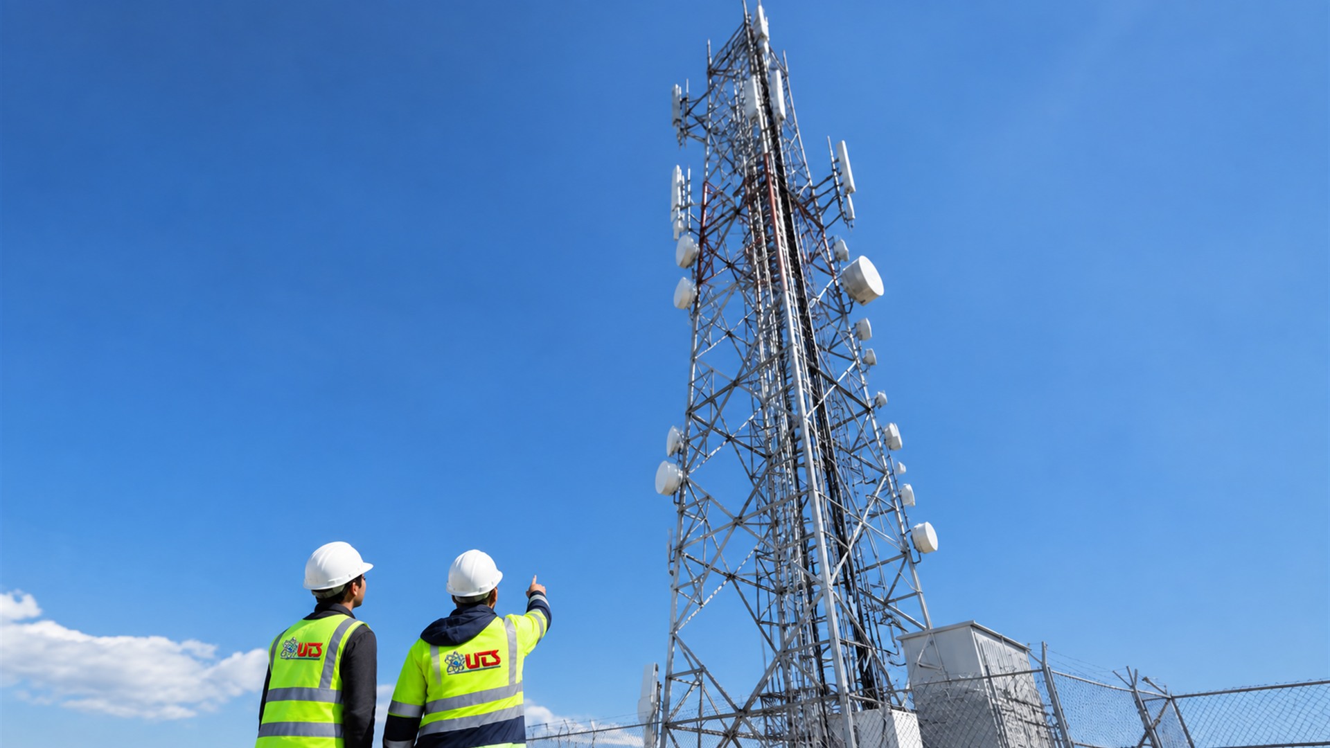 Telecom lattice tower against blue sky